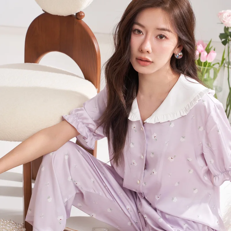 Summer New Pajamas Women's Lotus Leaf Collar Purple Flower Short-sleeved Trousers Casual Home Service Suit Can Be Worn Outside