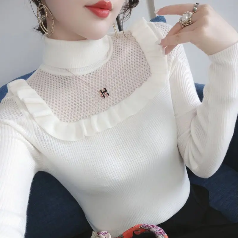 

Женская ажурная одежда, однотонный пуловер с высоким воротником и длинным рукавом, Осень-зима 2023