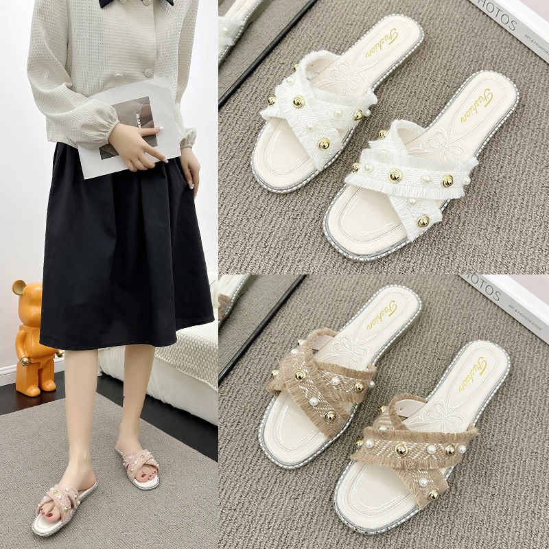 Canvas Pearl Slippers Women's Summer Shoes  Fashion New Platform Soft Bottom Internet Celebrity Slippers Slides Outdoor Outside