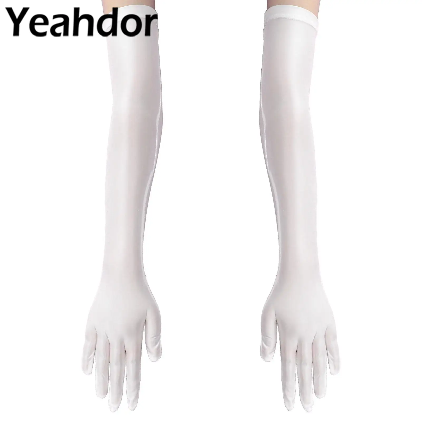 

Women High Elastic Gloves Full Finger Bright Smooth Arm-length Hip-hop Stylish Dance Gloves