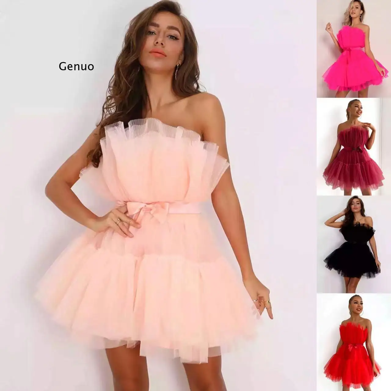 

Mesh Solid Bow Mini Dress Women Layered Strapless Ball Gown Sexy Party Club Dress Female Backless Summer Dress Vestidos