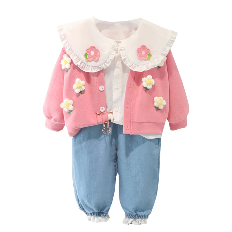 2022 Spring Baby Girls Clothing Sets Infant Clothes Outfit Newborn Flower Coats Lace Shirt Jeans Children Vacation Costume