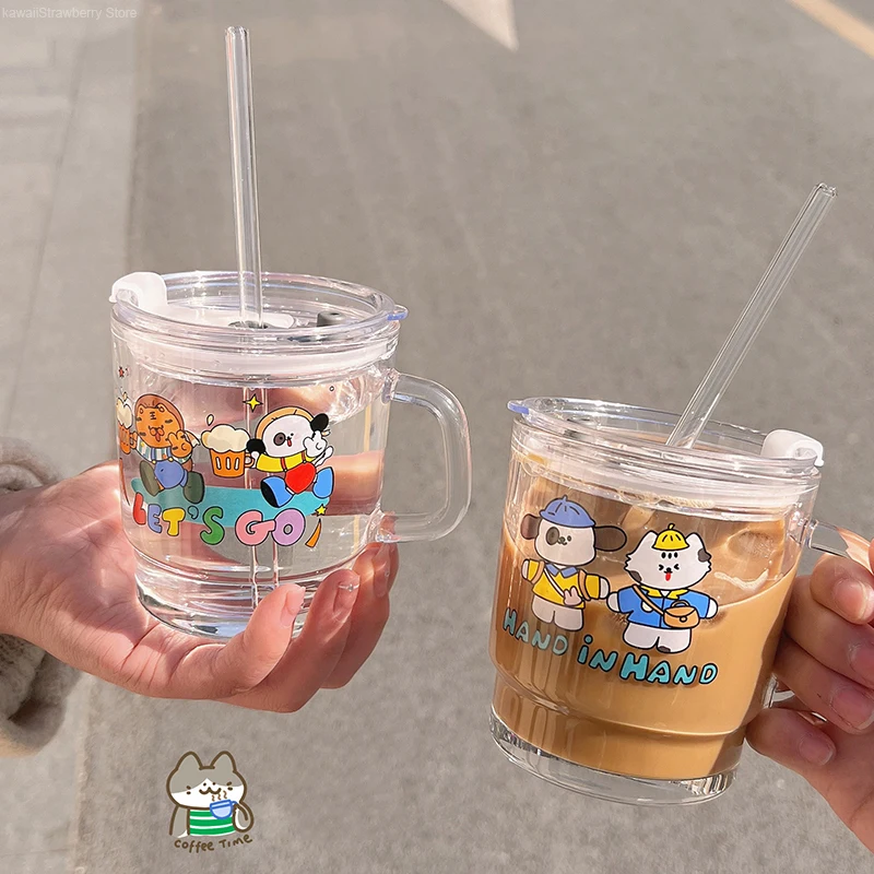 

400ml Kawaii Glass Water Bottle Cute Coffee Mug Tumbler Portable Milk Bubble Tea Beer Juice Cup With Lid Straw Drinkware Gift