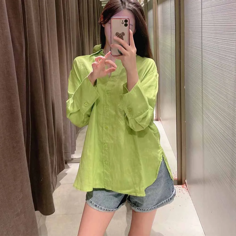 

ZATRHMBM 2022 women's spring and summer new fashion loose casual solid color linen long-sleeved lapel fashion woman blouses 2022