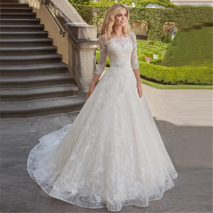 

VENSANAC Illusion O Neck Crystal Sash Lace A Line Wedding Dress Appliques 3/4 Sleeve Sweep Train Bridal Gown