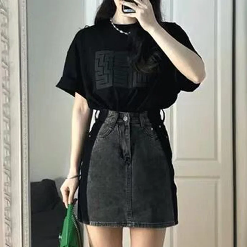 

Korean Version Sweet Solid Color Short-Sleeved Top Summer New Women'S High Waist Pocket Fashion Denim A-Line Skirt Two-Piece Set