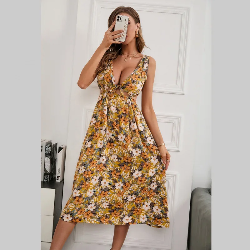 

2022 Summer Women'S Clothing Europe And The United States V-Neck Vest Sexy Backless Holiday Cotton Print Large Swing Dress Women
