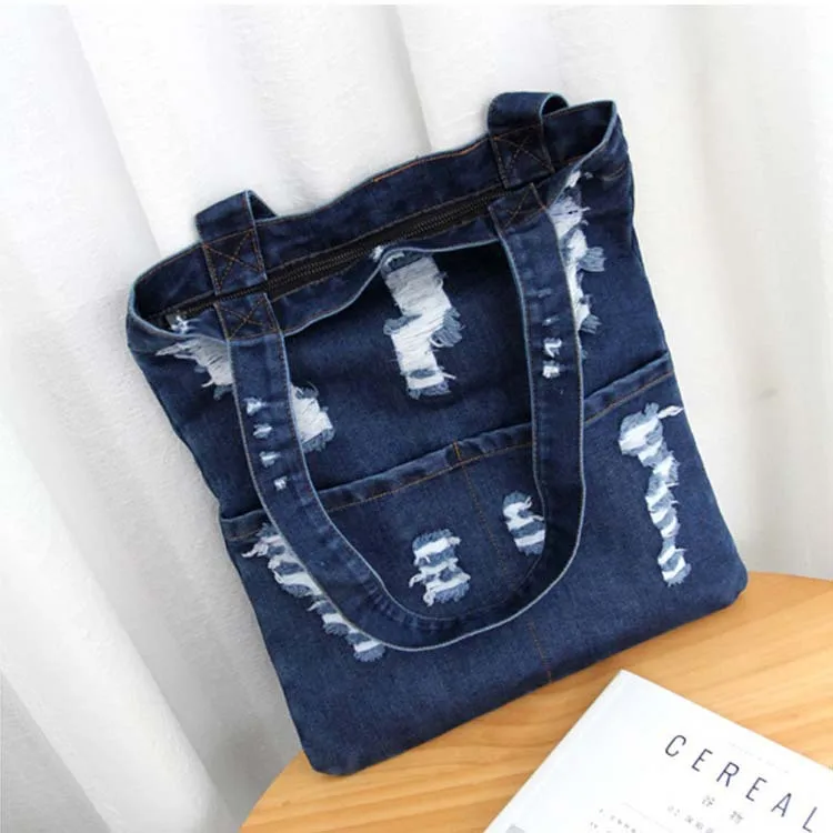 

2023 New Korean Fashion Ripped Denim Shoulder Bags for Women Causal Large Capacity Purses and Handbags Female Shopping Bags