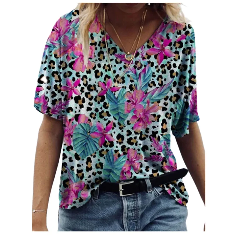 

2022 Women Leopard Print T-shirt Casual Loose V-Neck O-Neck Plus Size 5XL