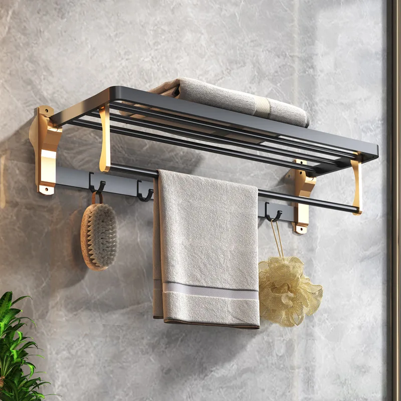 

Luxury Black Gold Space Aluminum Towel Rack Punch-Free Bathroom Rack Folding Towel Bar Bathroom Accessories Hardware