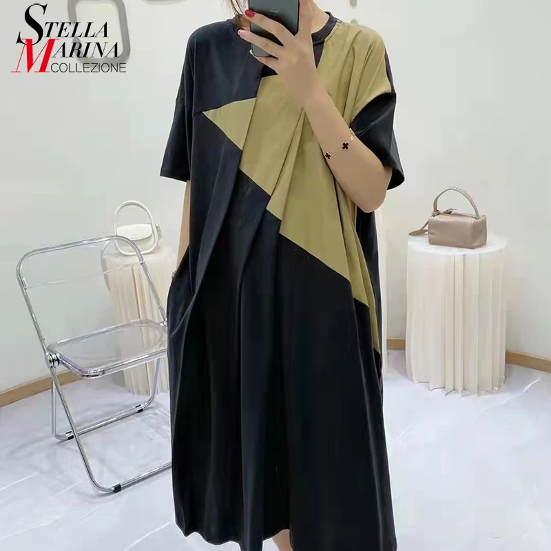 

New Woman Summer Casual Short Sleeve Fold Design Green Black Patchwork Dress Loose Fit Straight Girls Holiday Casual Robe MJU023