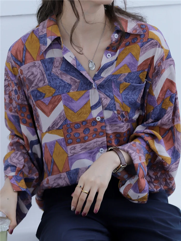 

H.sa 2022 женская летняя модная блуза с длинными рукавами и пуговицами повседневные рубашки с геометрическим принтом винтажные свободные уличные Блузы с отворотом