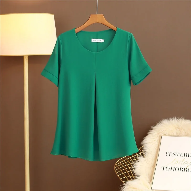 

Женская шифоновая блузка с коротким рукавом и круглым вырезом