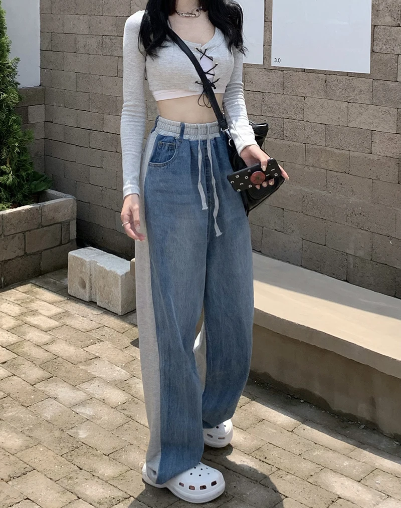 

N0464 New elastic high waist loose mopping wide-leg stitching trousers straight-leg jeans