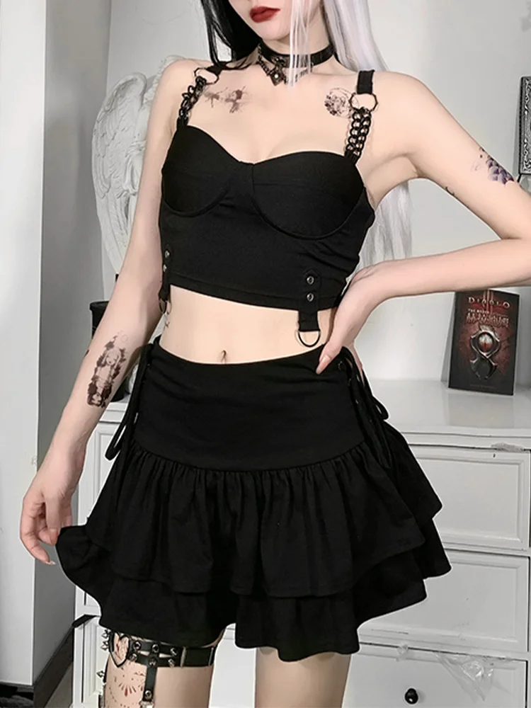 InsGoth Punk Safari Chain Black Camisole Grunge Gothic Bodycon Corset Tops Emo Streetwear Sexy Backless Women Summer Camis | Женская