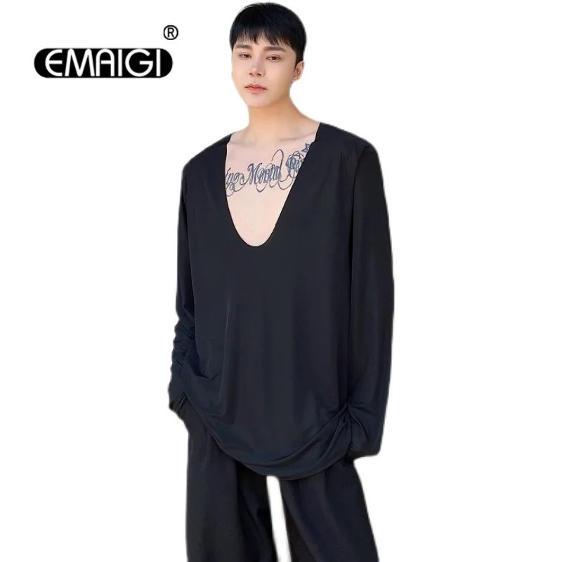 

Summer Big V-neck Shoulder Pad Men's Long Sleeve T-shirt Male Japan Korean Streetwear Fashion Tees Shirts Sunscreen Clothing