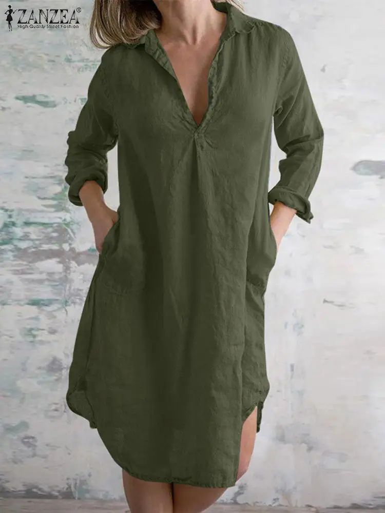 

Платье ZANZEA женское с длинным рукавом, элегантный модный однотонный свободный сарафан с отложным воротником, Роба в стиле ретро, офисная одежда, 2023