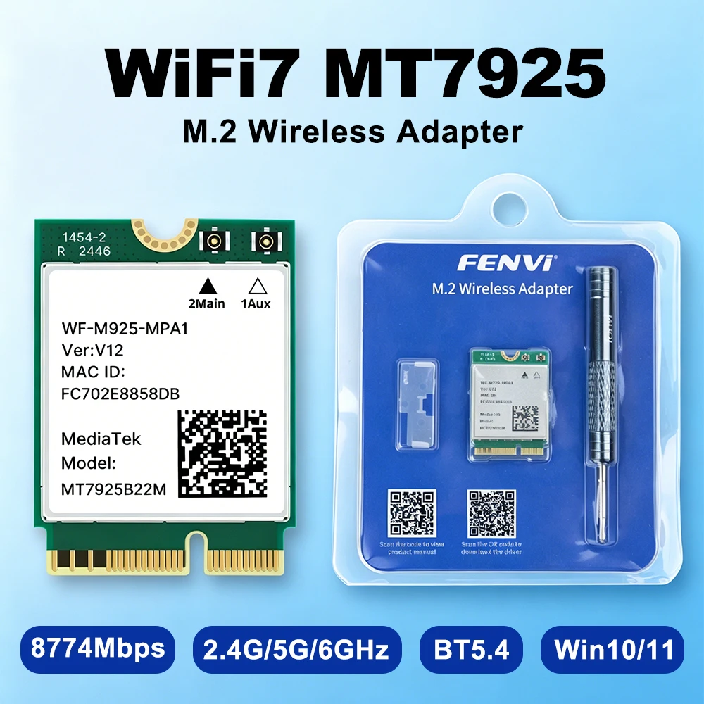 Фото Сетевая карта WiFi 7 MT7925 BE6500, трехдиапазонная, 2,4G/5G/6 ГГц, Bluetooth 5.4, 802.11BE, беспроводной адаптер M.2 NGFF для ПК AMD, Win 10/11 №2