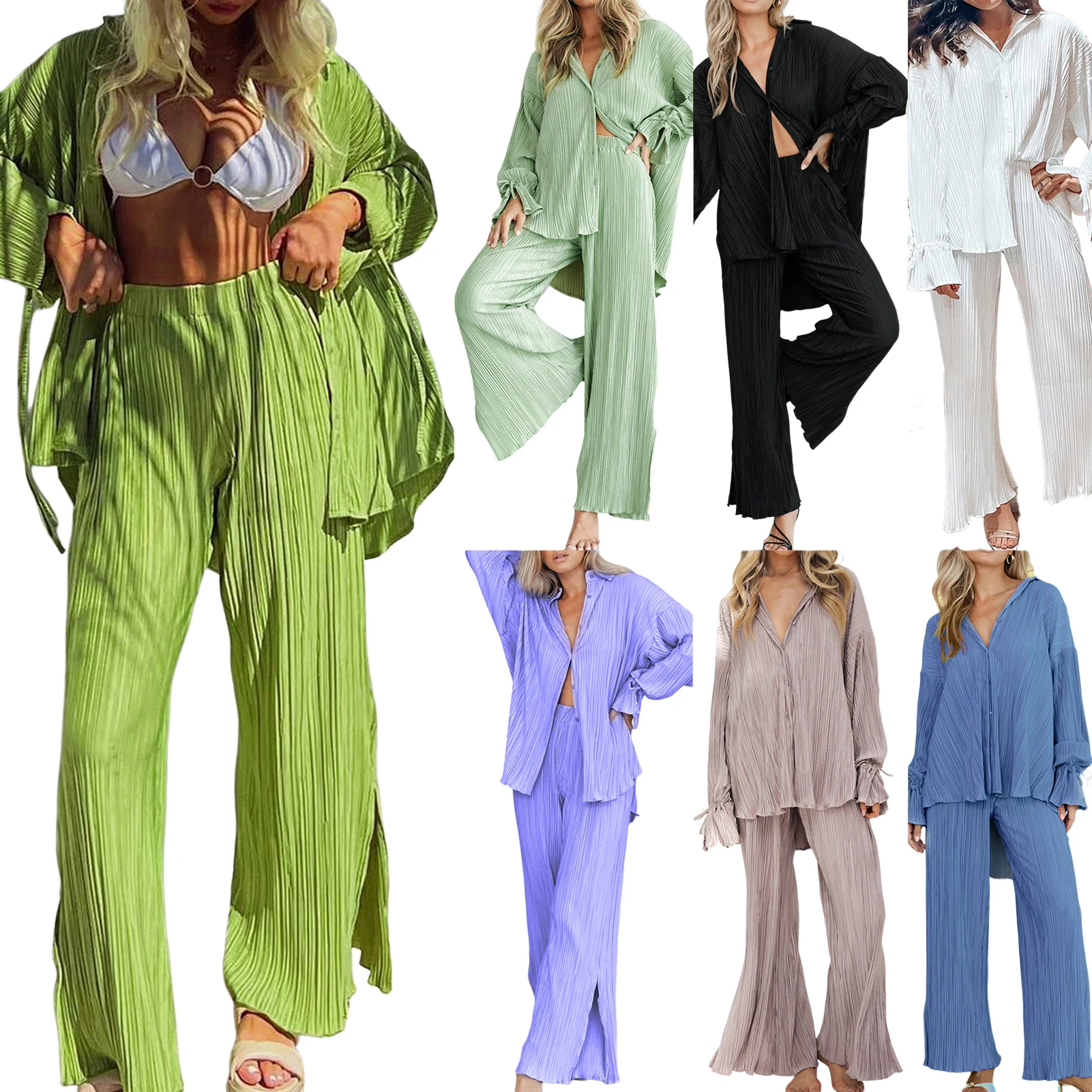 

Elegant Women's Pants Sets Turn-down Collar Long Sleeve Split Pants 2 Piece Outfits Loose Button Matching Sets