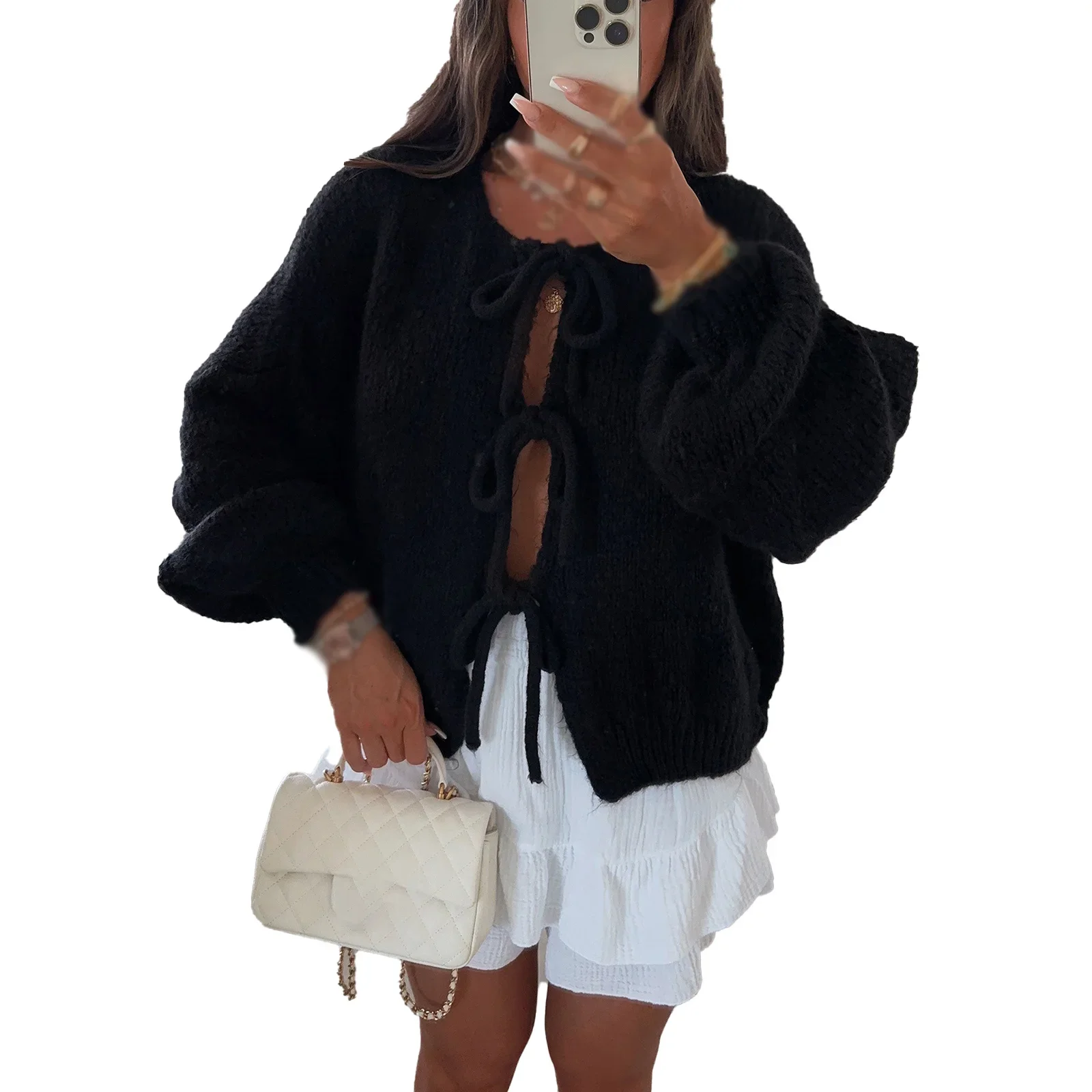 Женский трикотажный кардиган с круглым вырезом и длинным рукавом