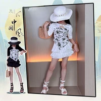 2022 summer new suits girls chinese style pleated skirt two piece set retro western style childrens clothing