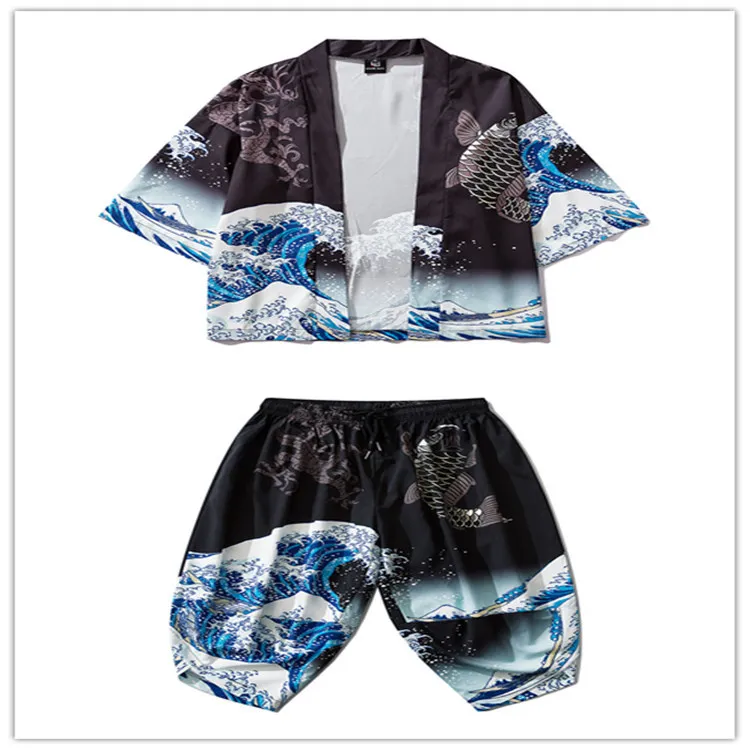 Cardigan&Pajamas Pant Couple 2PCS Robe Pyjamas Sets Chinese Wave Koi Rayon Kimono 3/4 Sleeve Shirt Summer Lingerie Home Bathrobe