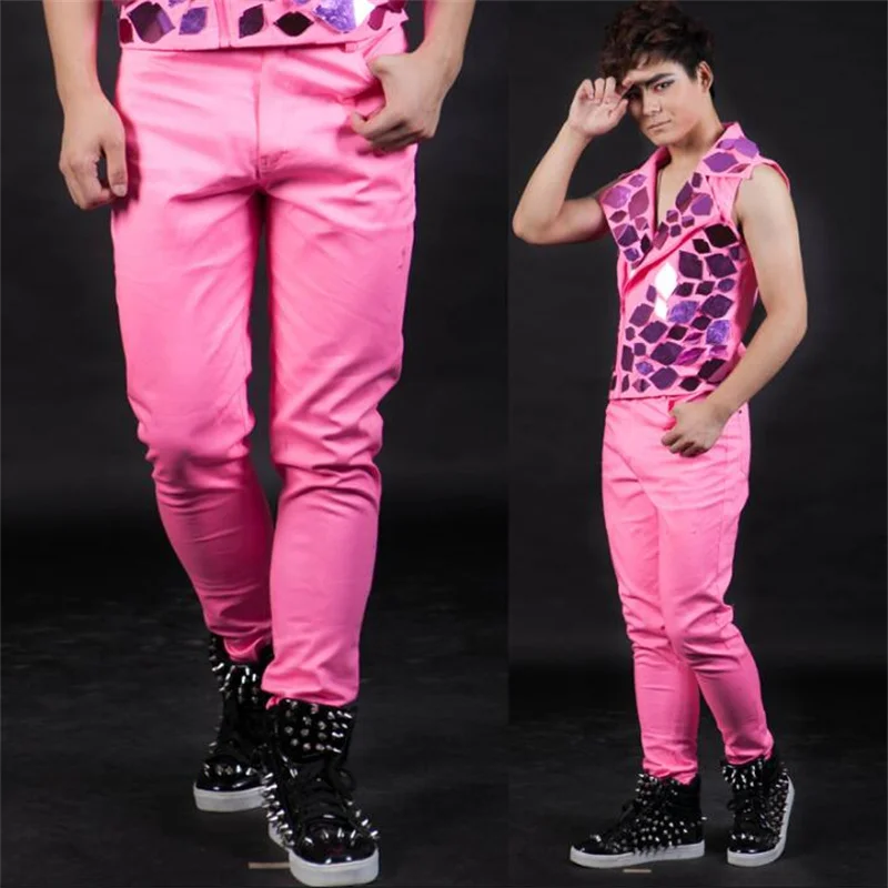 Original news stage personality men pants casual pant men feet trousers singer dance rock fashion pink pantalon homme european