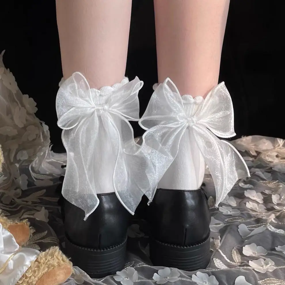 

Милые носки для девочек с рюшами и кружевом JK Lolita кружевные милые носки Kawaii женские японские модные однотонные черные белые носки
