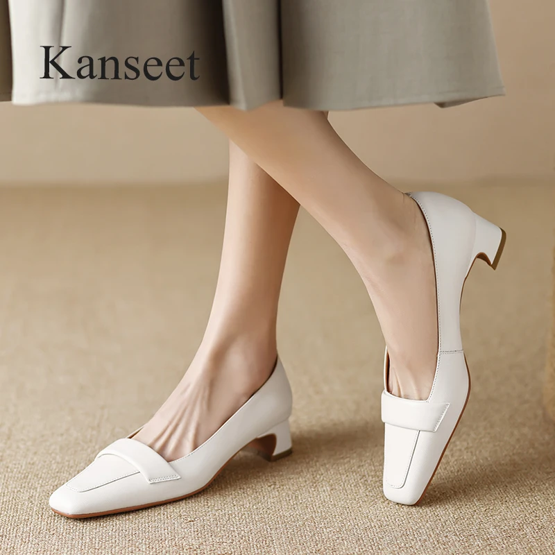 Kanseet 2023 New Arrival Women Shoes Spring Square Toe Genuine Leather Pumps Handmade Casual Ladies 4cm Mid Heels Footwear Khaki