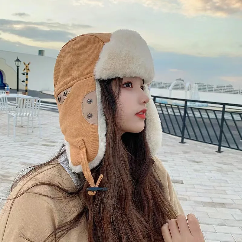 

Earflap Pilot Cap Winter Women Cotton Lamb Hair Ear Protector Russian Hat Plush Thicken Windproof Mountaineering Ski Bomber Hats