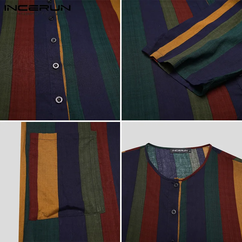 Pockets Dubai Arabic Clothing INCERUN Men Ethnic Robes Vintage Striped Long Sleeve Muslim Kaftan Robes O Neck Button Jubba Thobe