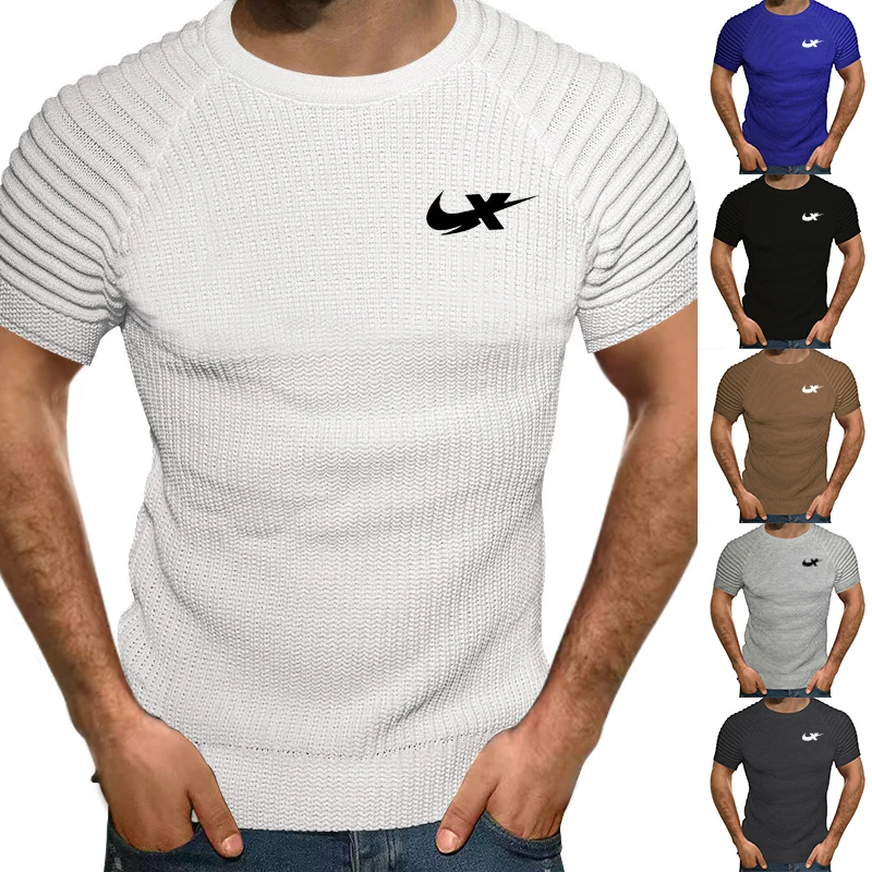 

2023 Men's Short Sleeve Solid Print Round Neck Sports T-shirt Quick Dry Running Casual Breathable
