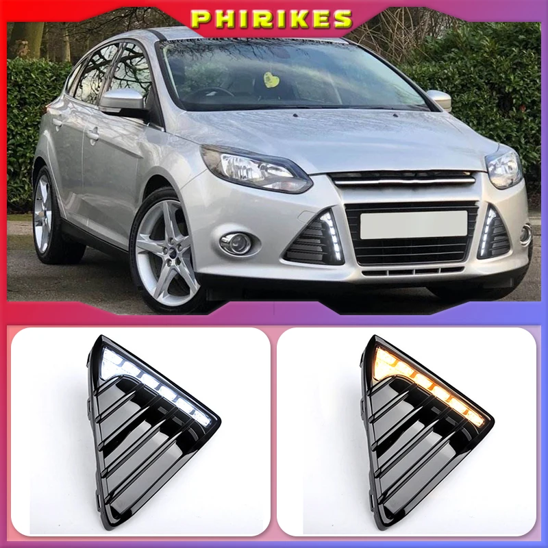 

Для FordFocus 3 MK3 2012 ~ 2015 дневные ходовые огсветильник DRL светодиодная противотуманная фара с желтым поворотным сигналом