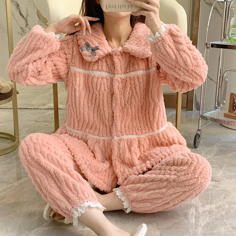 

Новинка Зима 2022 пижама в стиле принцессы плюшевый толстый милый кукольный воротник кардиган фланелевая одежда для отдыха с длинным рукавом