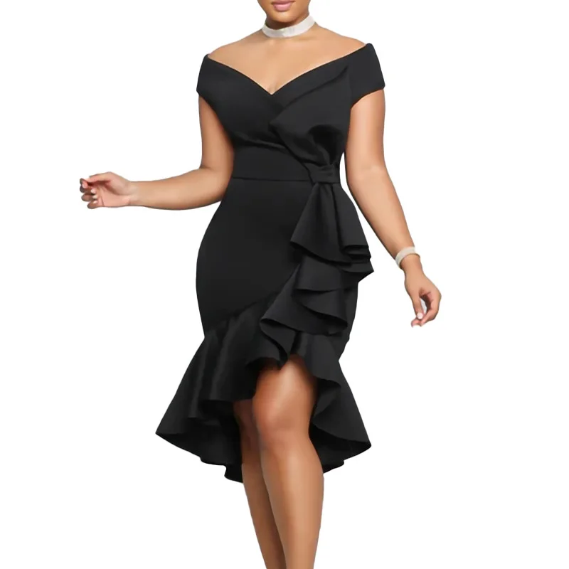 

Summer Autumn Africa Clothing Short Sleeve Dress African Dresses For Women Sexy V-Neck Perspective Slim Dress Office Lady Party