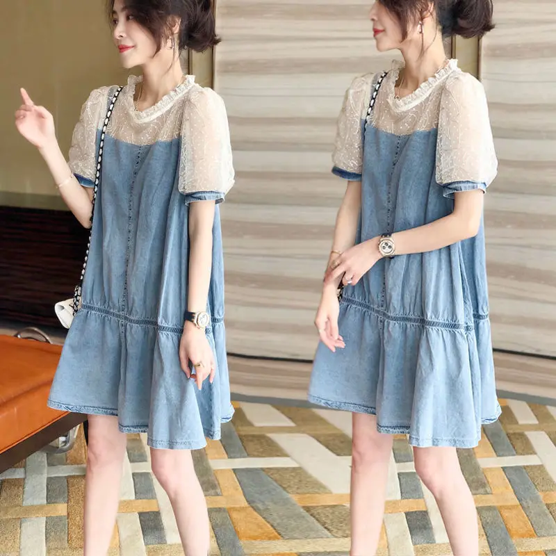 

Женское кружевное мини-платье с круглым вырезом, с пышными рукавами