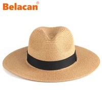 straw summer hat for women with belt ribbon panama wide brim sun hat upf 50 uv protection beach hat foldable female fashion cap