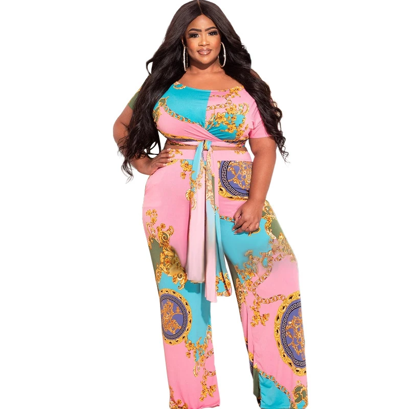 

Women Two Piece Crop Tops Set Lace Up T Shirt And Wide Leg Pant Suits Sets 2022 Summer Fashion Print Streetwear 2 Piece Outfits