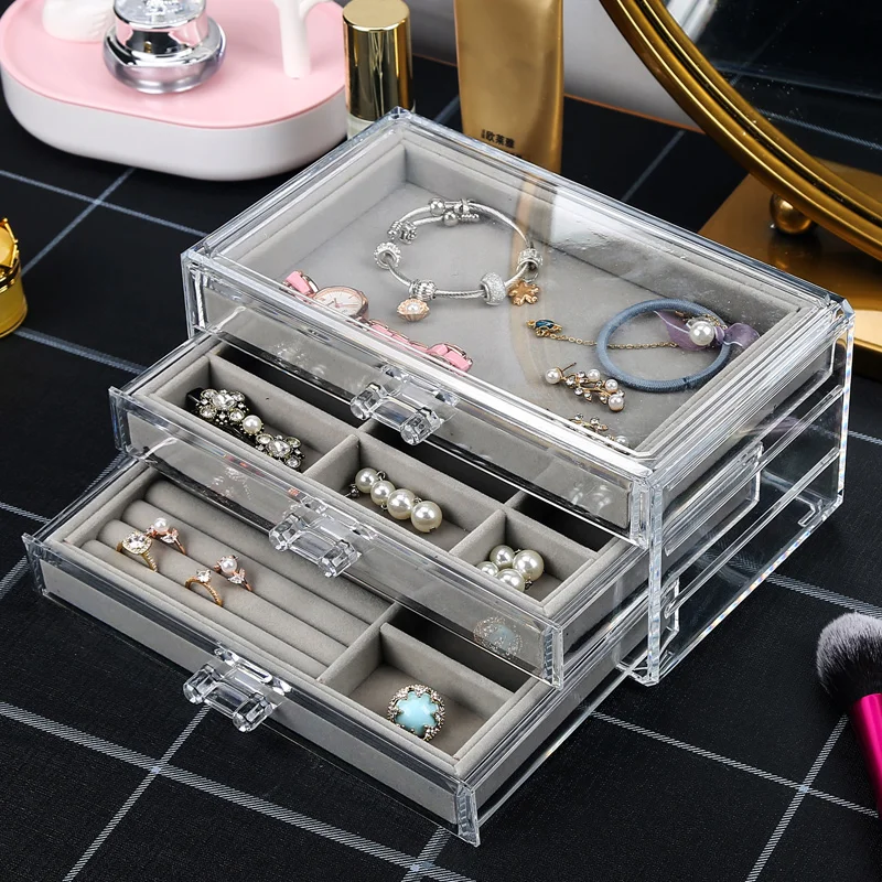 

Clear Acrylic Jewelry Box With 3 Drawers Velvet Jewellery Organizer for women Earring Holder Rings Case Necklaces