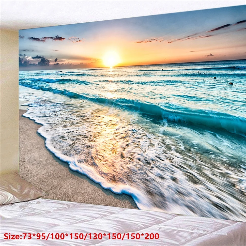 

The Blue Sea Tapestry Classic Landscape Tapestry Sunset Beach Pattern Beach Ocean Wave Home Decor Tapestry Tapiz Pared Tapices