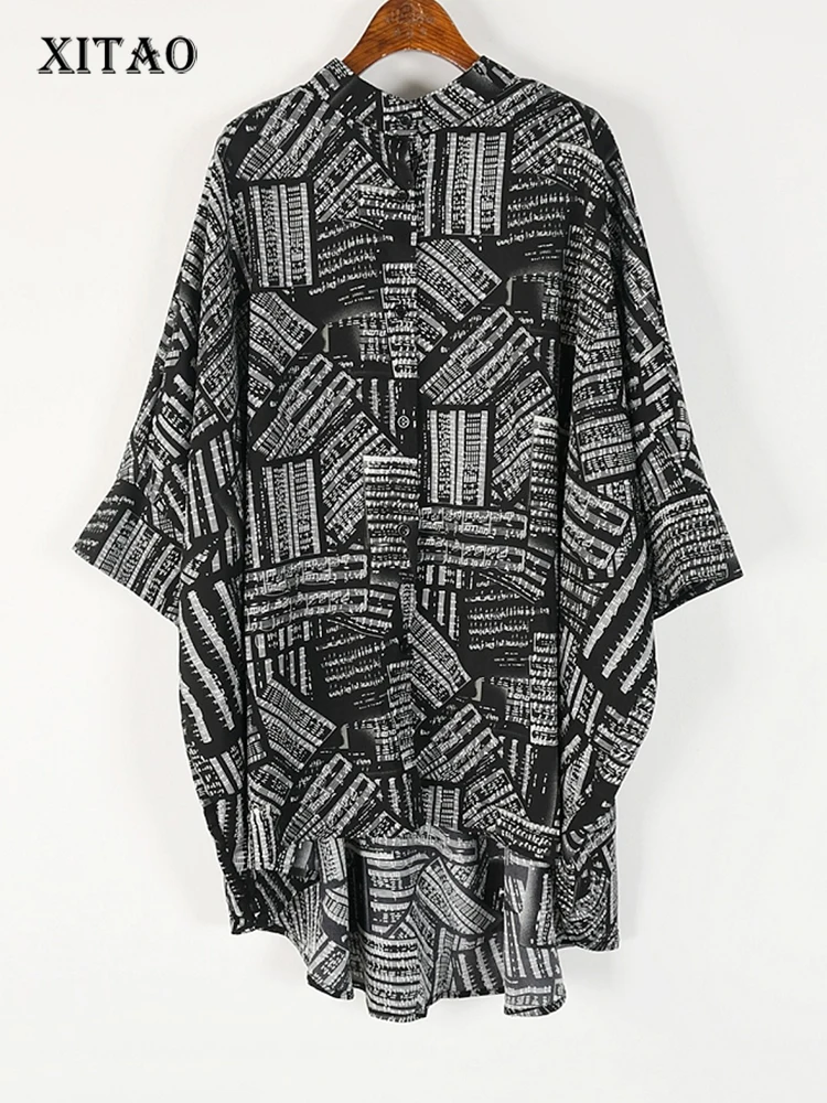 

XITAO Irregular Contrast Color Print Shirt Loose Fashion Casual Simplicity Summer Bat Wing Sleeve Women All-match Top WLD8397