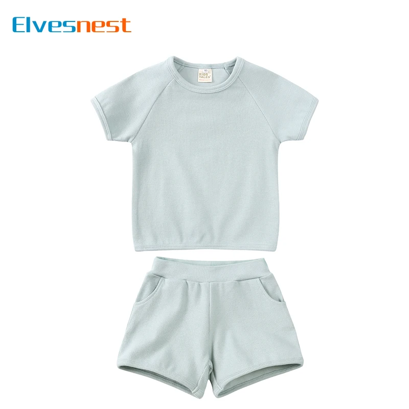 

Fashion Solid Color Kids Clothes Boys Outfit Set Cotton Short Sleeve Tops Shorts Summer Toddler Girls Clothing Sets