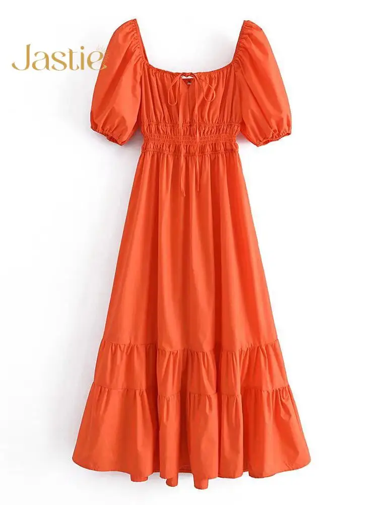 

Jastie летнее однотонное платье миди для женщин с пышными рукавами и квадратным воротником, праздничные платья с эластичной резинкой на талии,...