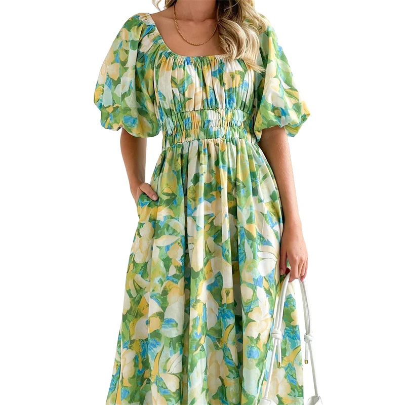 

Musuos Summer Floral Print Dress Women Casual Short Puff Sleeve Ruched Bust High Waist A-Line Dresses Pockets Beach Vacation