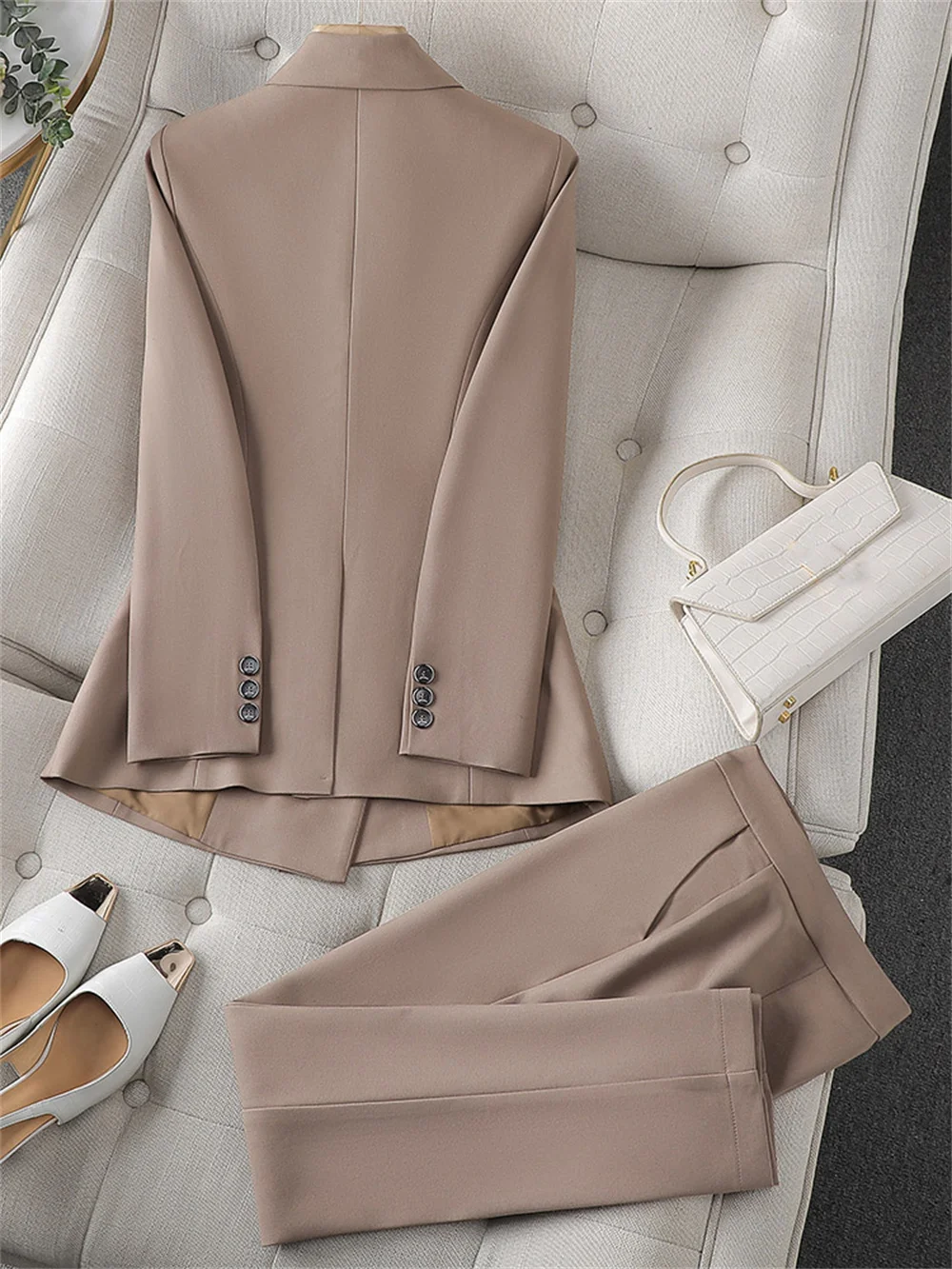 Fashion Ladies Pant Suit 2023 New Black Pink Khaki Blazer + Trouser Elegant Women Office Business Work Wear Formal 2 Piece Set