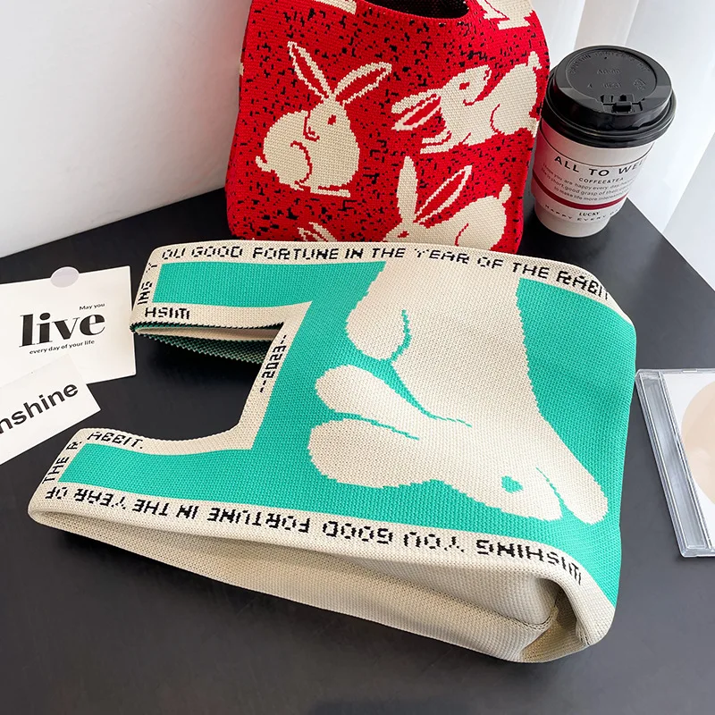 Large Capacity Rabbit Knitted Handbag For Women Fashion Tote Bags Korean Designer Hand Bag Shopping Bag תיקים לנשים מעוצב 2023