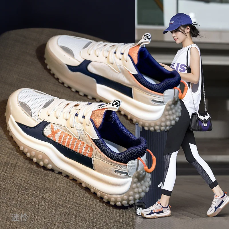 

2022 New Fashion PU Leather + Mesh Breathable Ladies Casual Shoes Ladies Thick Sole Sneakers Non-slip Sneakers Lace Up Sneakers