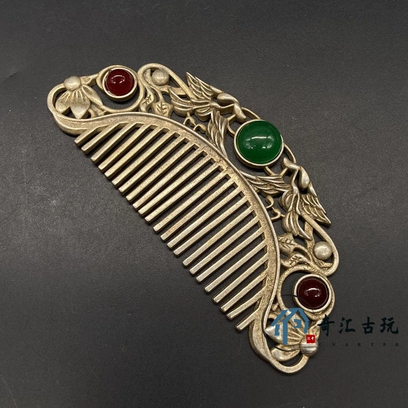 

Antique Silver -Copper Combed Miao Ethnic Silver Jewelry, Hundreds Of Birds, Phoenix Silver Comb Inlaid Agate