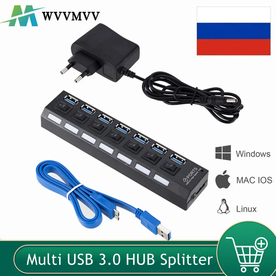 

WvvMvv USB 3.0 Hub USB3.0 Hub Multi USB Splitter 3 Hab Use Power Adapter 7 Port Multiple Expander 3.0 USB Hub with Switch For PC