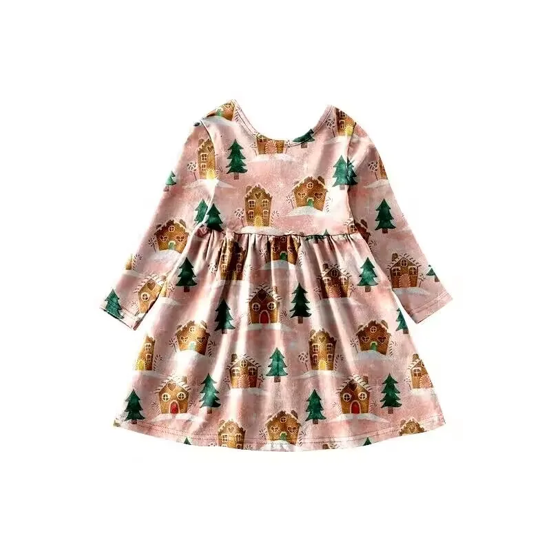 Christmas long sleeve dress for girls over the knee style round neck gingerbread house print milk silk fabric for girls